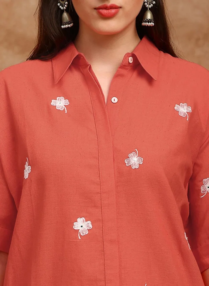 globus Orange Globus Women Orange Shirt Collar Extended Sleeves Floral Embroidered Straight Kurta With Pants Fusion Set for Women | Best Price UAE